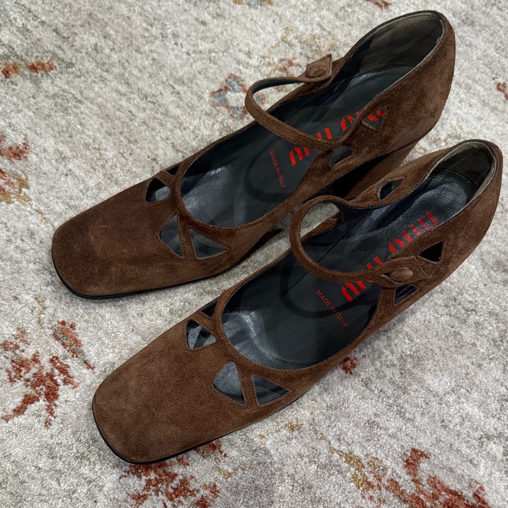 Miu Miu Brown Suede Cutout Mary Janes